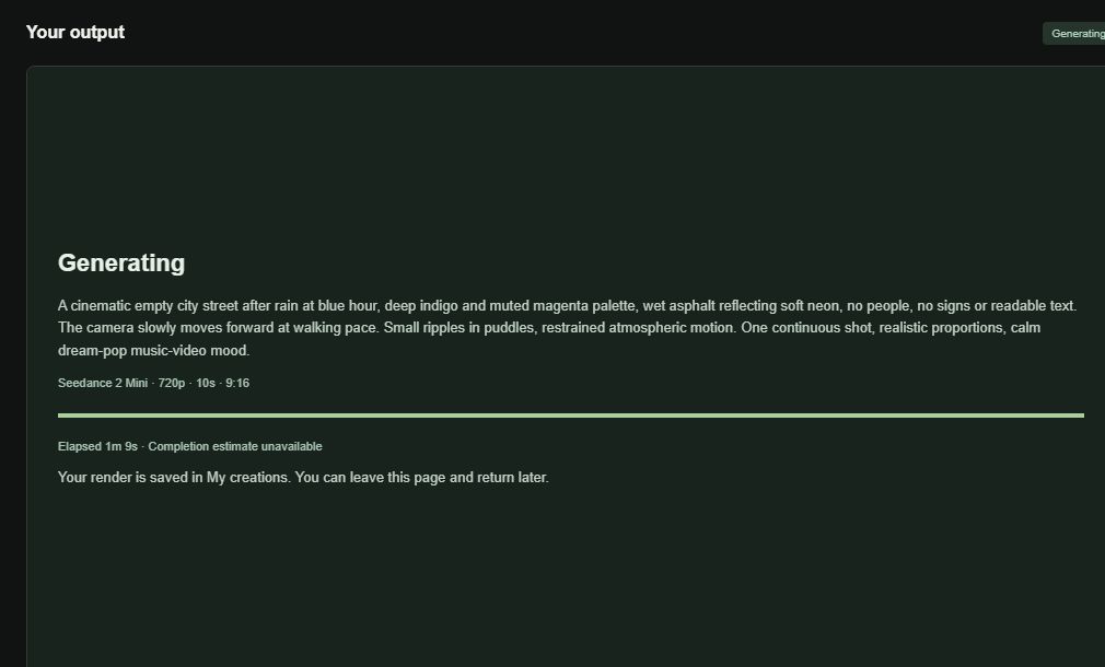 Actual Fliqen generation screen showing the prompt, settings and elapsed time