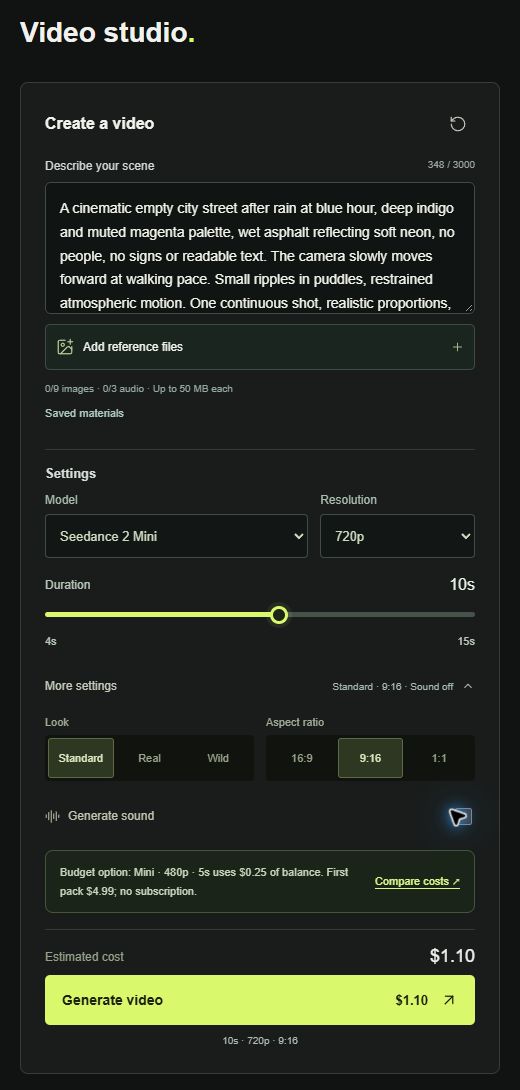 Actual Fliqen settings: Mini, 720p, ten seconds, vertical 9:16, sound off and a $1.10 estimate
